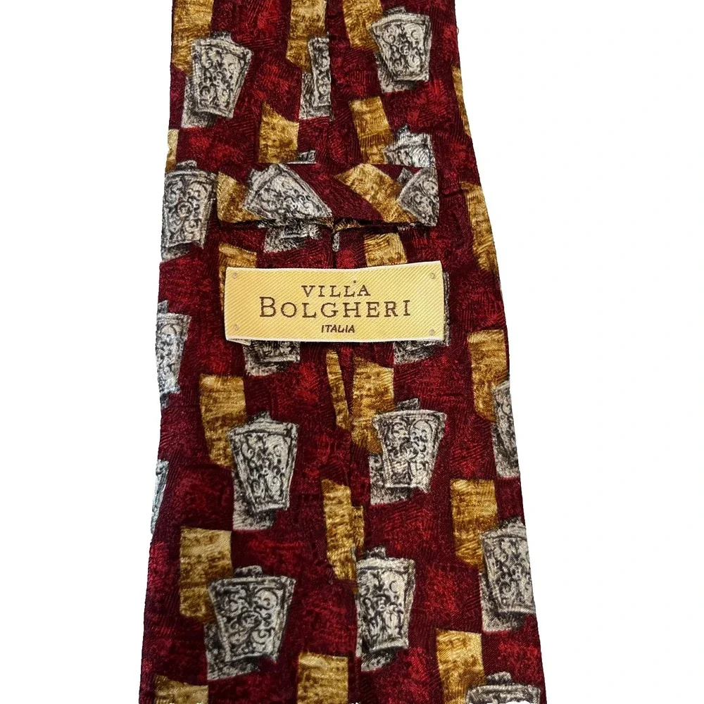 Villa Bolgheri‎ Mens Silk Necktie Red Gray Gold Yellow Print Tie Italy 100% Silk